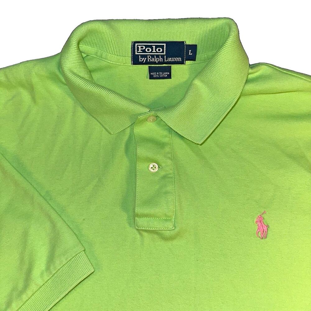 Polo Ralph Lauren Shirt Mens Large L Lime Green Pink Pony Pique Short Sleeve